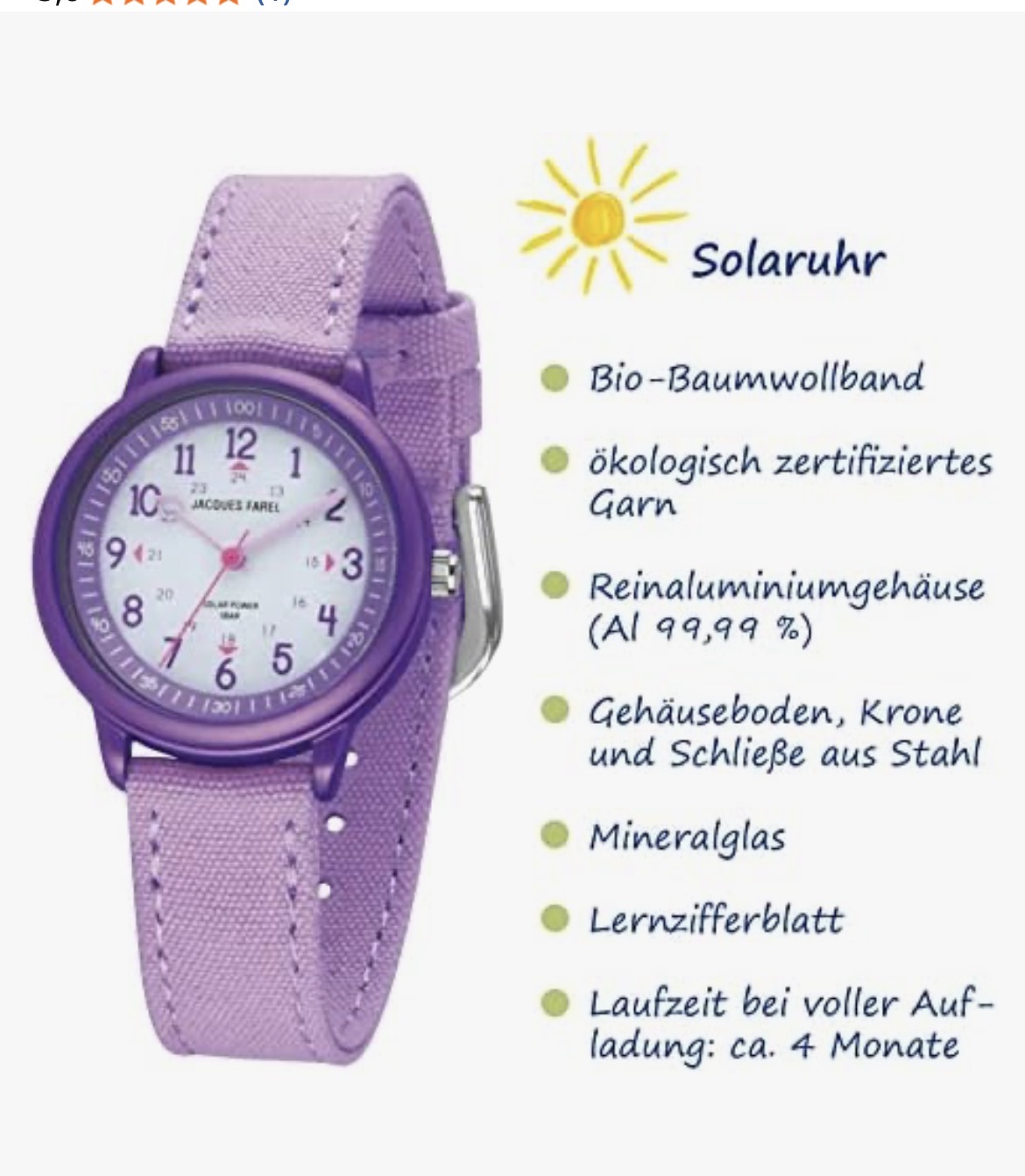 Zegarek solarny Jacques Farel fioletowy