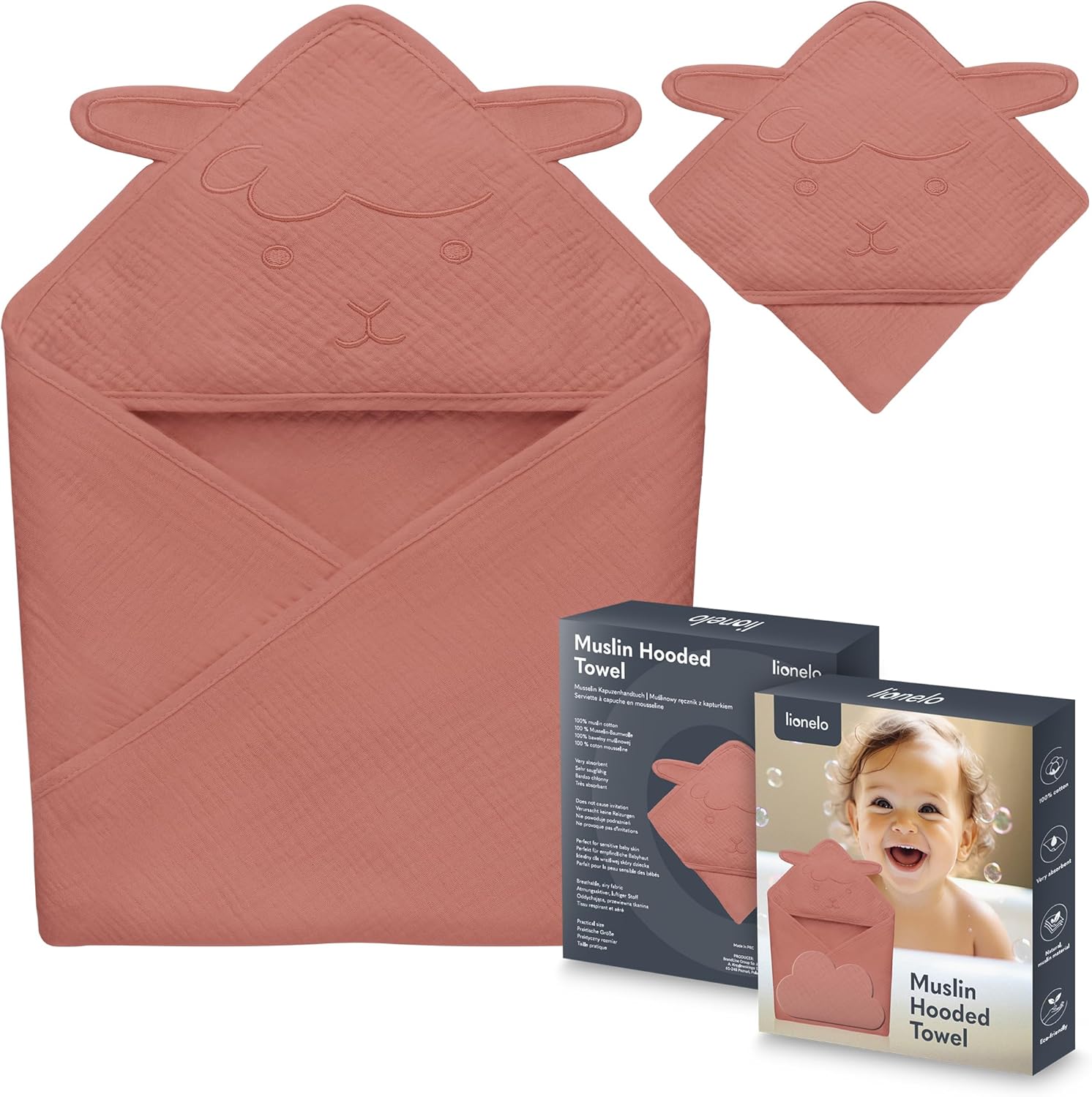 Asciugamano con Cappuccio 80x80cm per neonato 100% Cotone Naturale Swaddle in Mussola dopo Bagnetto Mantella da Bagno Traspirante Morbida per Bambini (Rosso, 80x80 cm) Visita lo Store di lionelo
