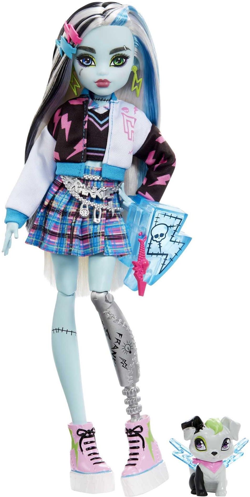 Monster High Frankie Stein Lalka podstawowa (czarno-białe włosy z niebieskim pasemkiem) z punktami zgięcia, ubrankiem, akcesoriami i figurką zwierzątka, HHK53